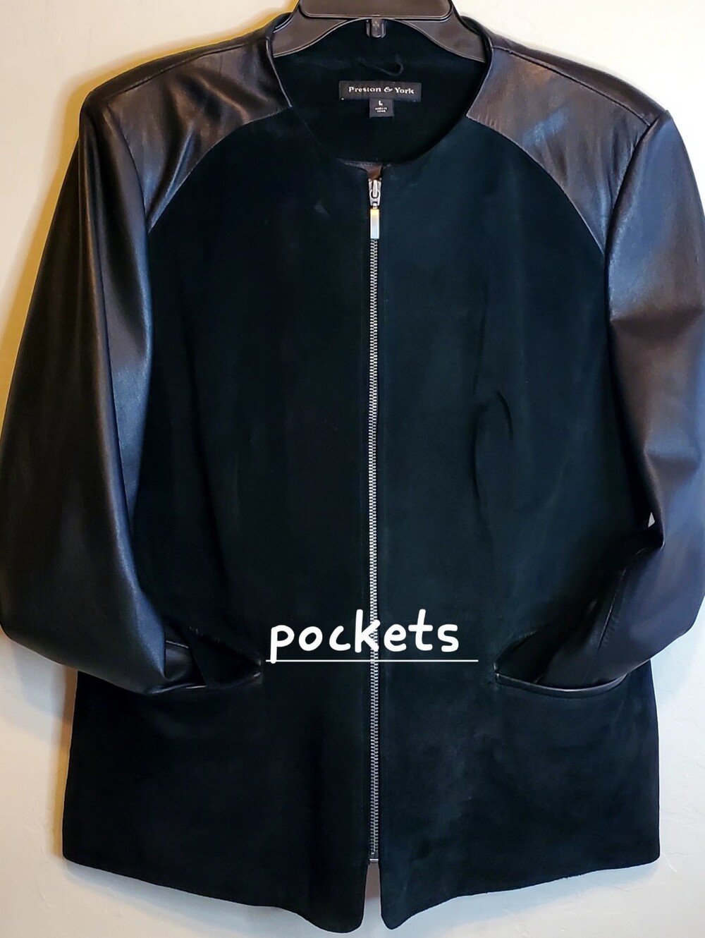 PRESTON & YORK Sz L Women's Black Lambskin & Suede Leather Zip Jacket - Picture 7 of 10